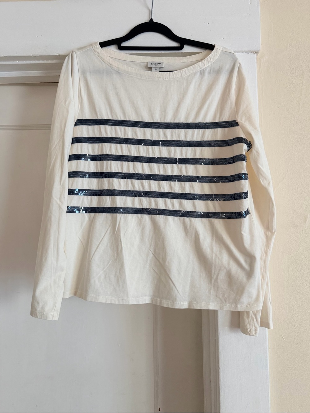 J. Crew Ivory Long Sleeve Top with Navy Sequin Stripes